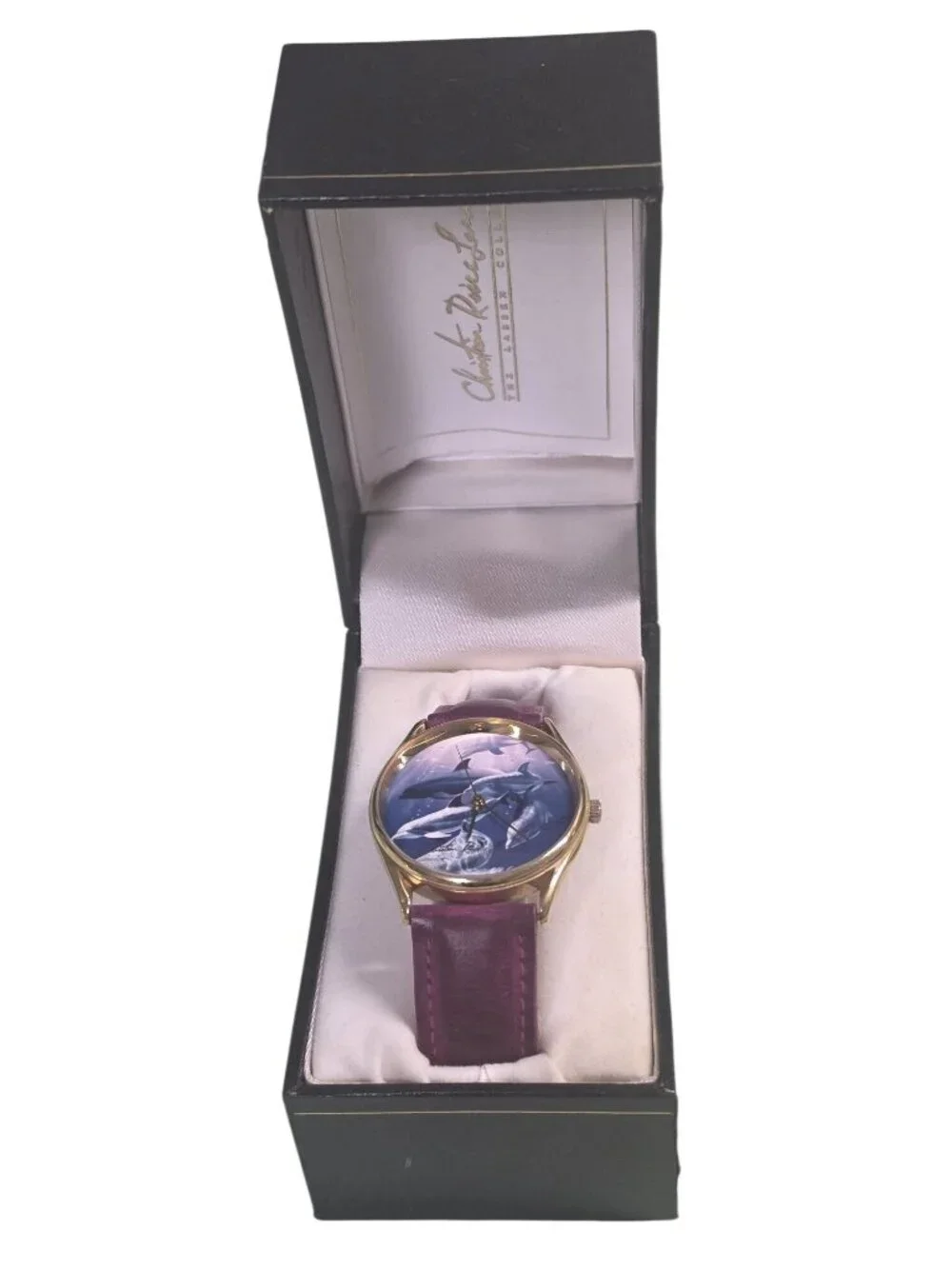 Vintage Christian Riese Lassen Dolphin Watch Pink Leather Band Original Box